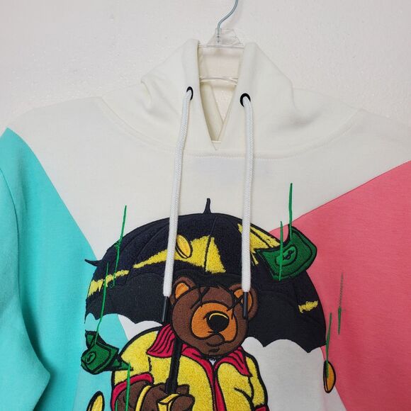 CivilizeD Bear Colorblock Hoodie Sweatshirt Streetwear Raining Money Hip Hop S - Picture 5 of 16